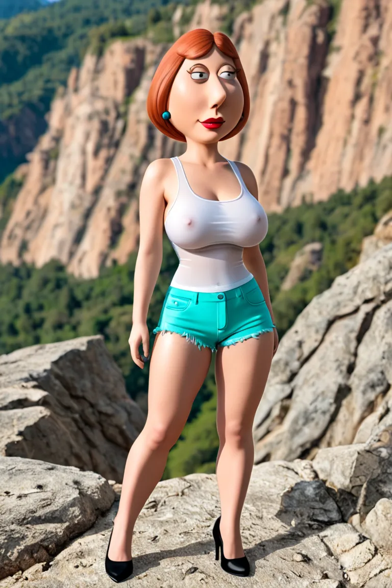 Full body shot, large full natural breasts, curvy thick body, beautiful, Lois Griffin, skimpy transparent tank top, short transparent shorts, high heel shoes, climbing a large cliff face