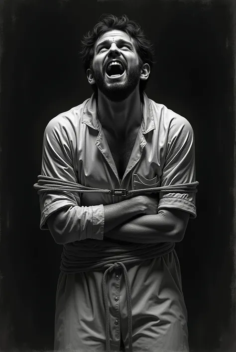 Realistic drawing of a man in a straitjacket in the psychiatric hospital in black and white with black background