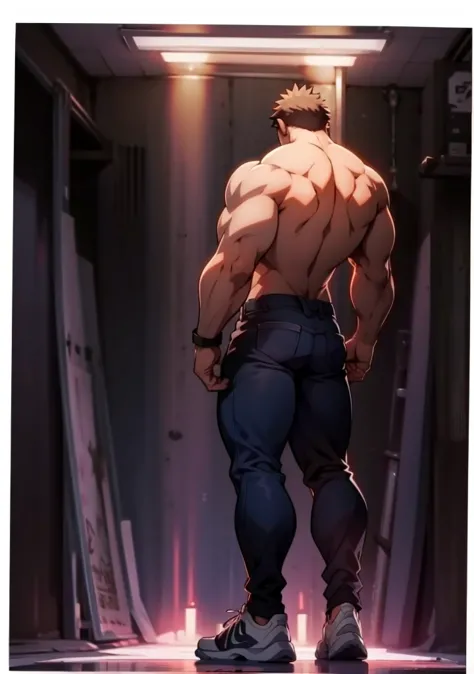  Generate anime-style art of a protagonist and very muscular character: he must be on his back .