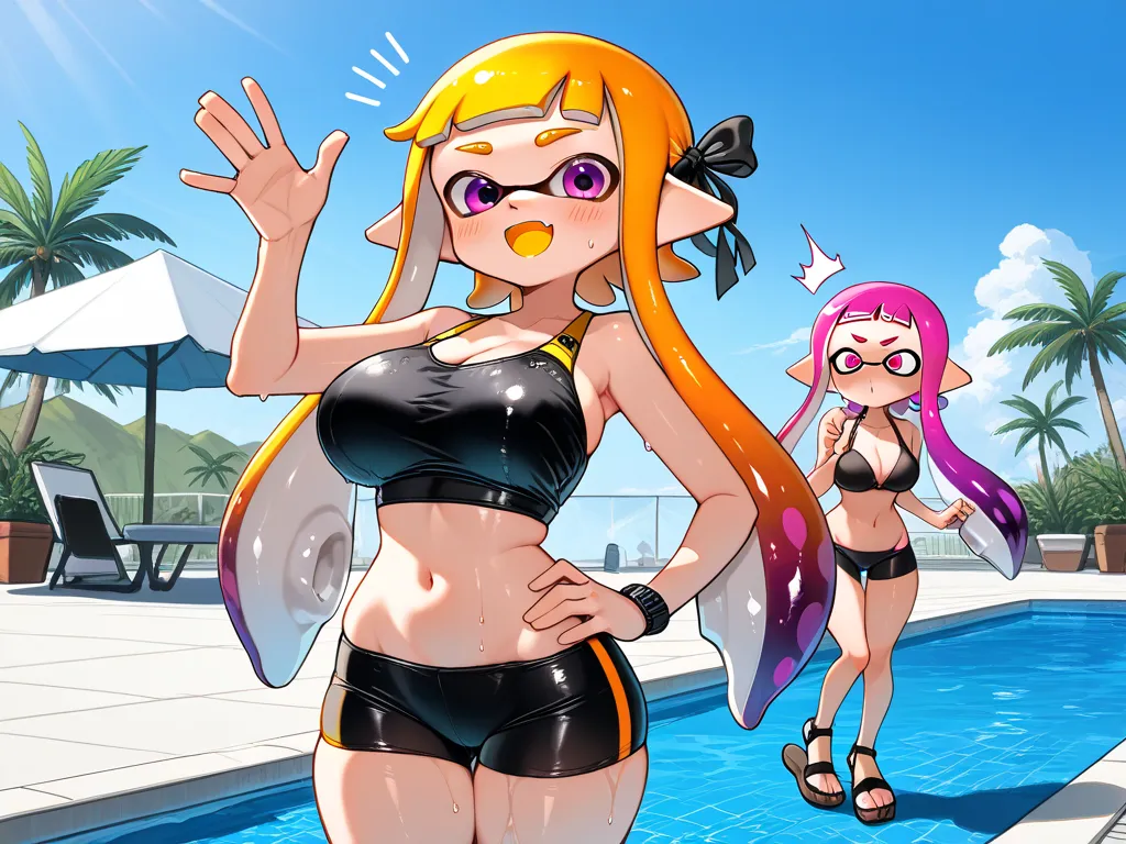 ( Masterpiece),  top quality,  expressive eyes,  Perfect Face, 3 girls,inkling girl, Splatoon , big breasts, wide hips,  thin waist, (  Sexy girl),black crop top, spandex shorts, With ribbon, , salon, Heeled Sandals,  good_feet, blanking,smile,Swimsuit mod...