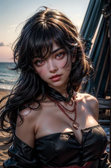 raven branwen, standing on beach, stunning girlfriend, cowboy shot, dynamic pose, heart shaped face, elegant face, beautiful face, highly detailed face, highly detailed skin, skin pores, subsurface scattering, realistic pupils, loving smile, looking at vie...