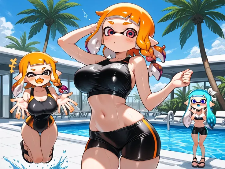 ( Masterpiece),  top quality,  expressive eyes,  Perfect Face, 3 girls,inkling girl, Splatoon , big breasts, wide hips,  thin waist, (  Sexy girl),black crop top, spandex shorts, With ribbon, , salon, Heeled Sandals,  good_feet, blanking,smile,Swimsuit mod...