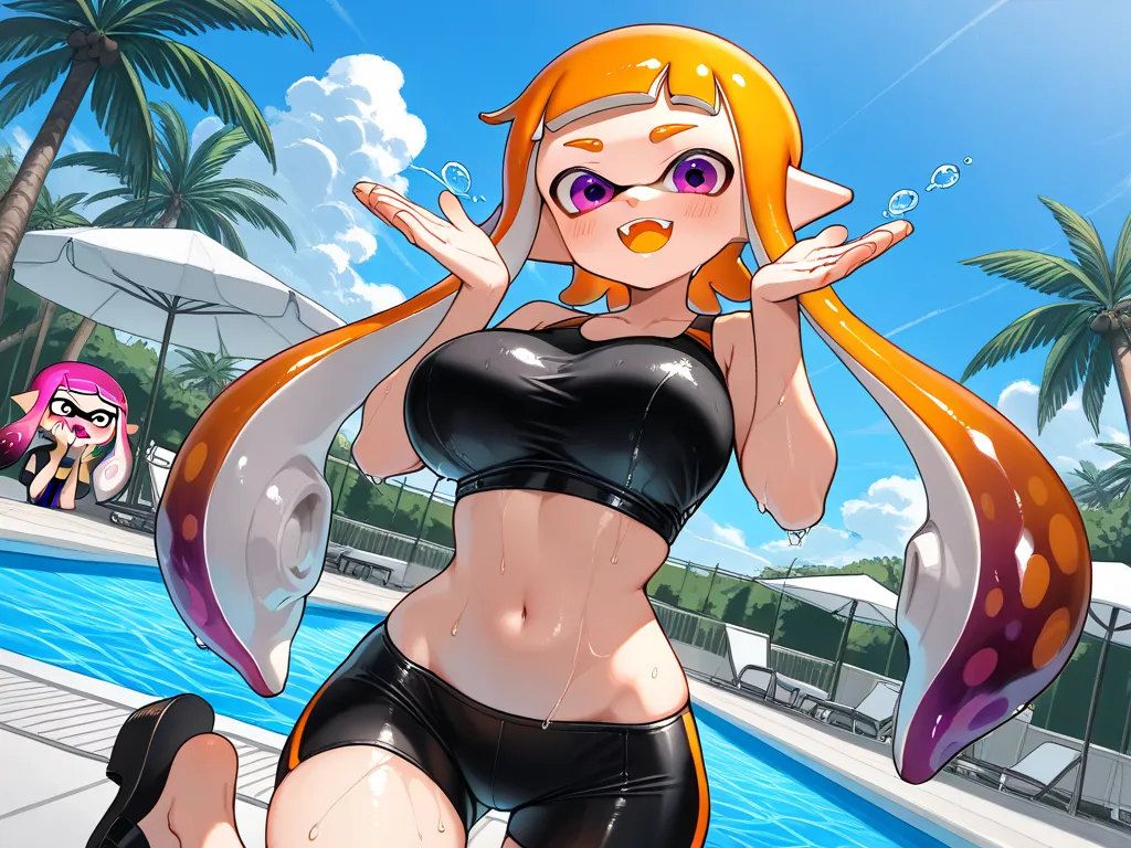 ( Masterpiece),  top quality,  expressive eyes,  Perfect Face, 3 girls,inkling girl, Splatoon , big breasts, wide hips,  thin waist, (  Sexy girl),black crop top, spandex shorts, With ribbon, , salon, Heeled Sandals,  good_feet, blanking,smile,Swimsuit mod...