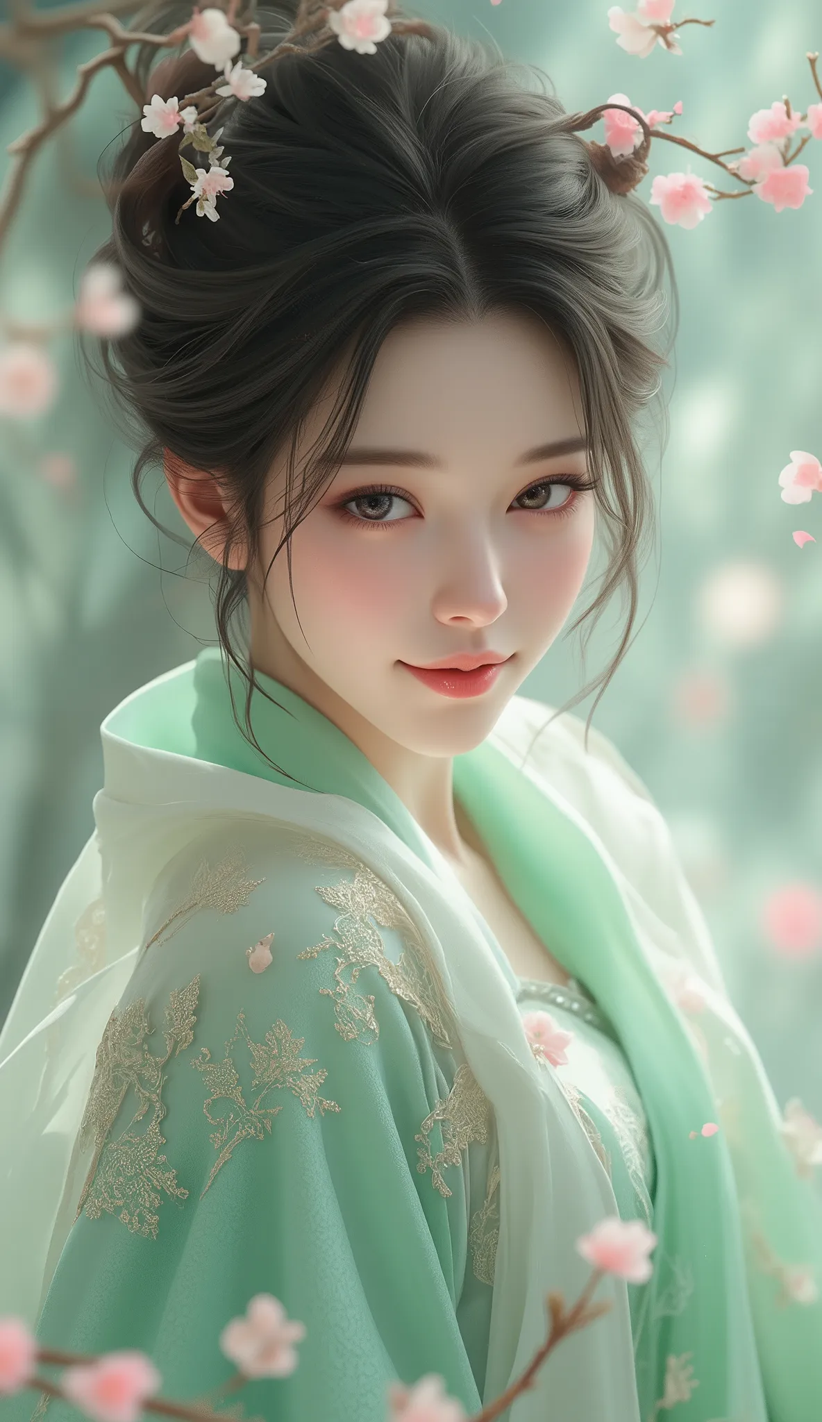 cool beauty, living expressions, happy smile, shiny silky disheveled half updo, captivating eyes, hourglass figure, iridescent various effects, full details light green hanfu, lace,  wide sleeves, cherry blossom Petals, delicate and dynamic textures, contr...