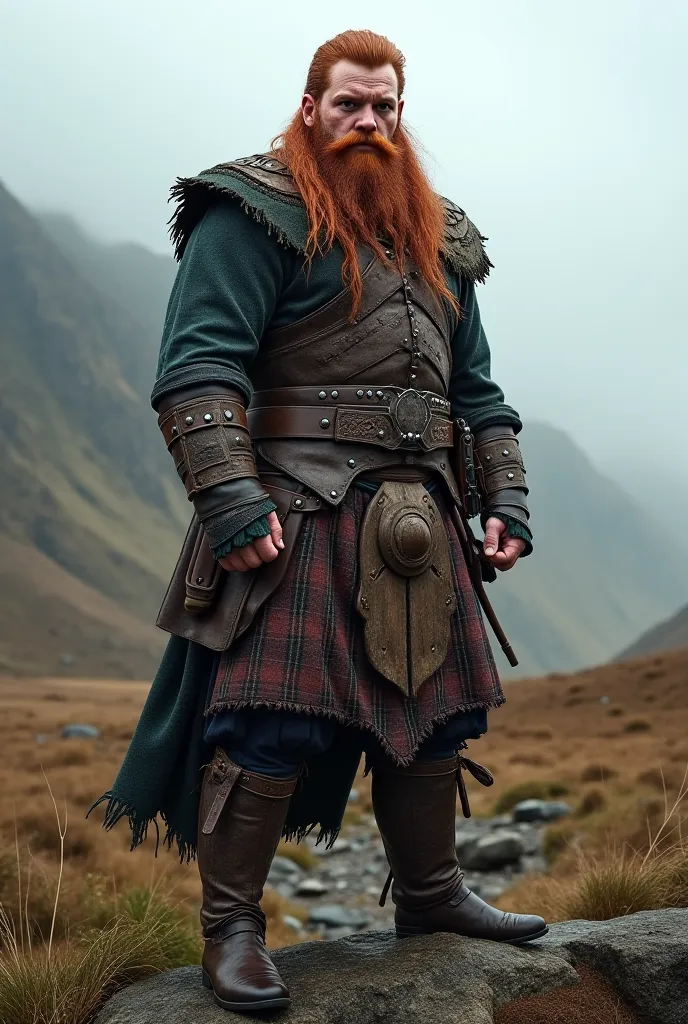 A tall slightly muscular warrior Scottish man with a dirty beard with red long hair