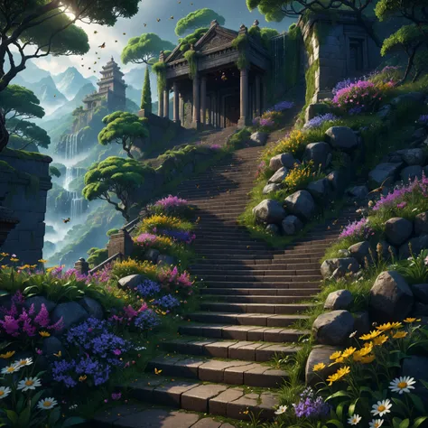 masterpiece, best quality, extremely detailed 8k unity CG wallpaper, endless stairs up the high mountains, ancient detailed designed stairs, rain, dracontomelon flowers, sua flowers blooming on both sides of the stairs, exquisite details, vivid realism, ci...