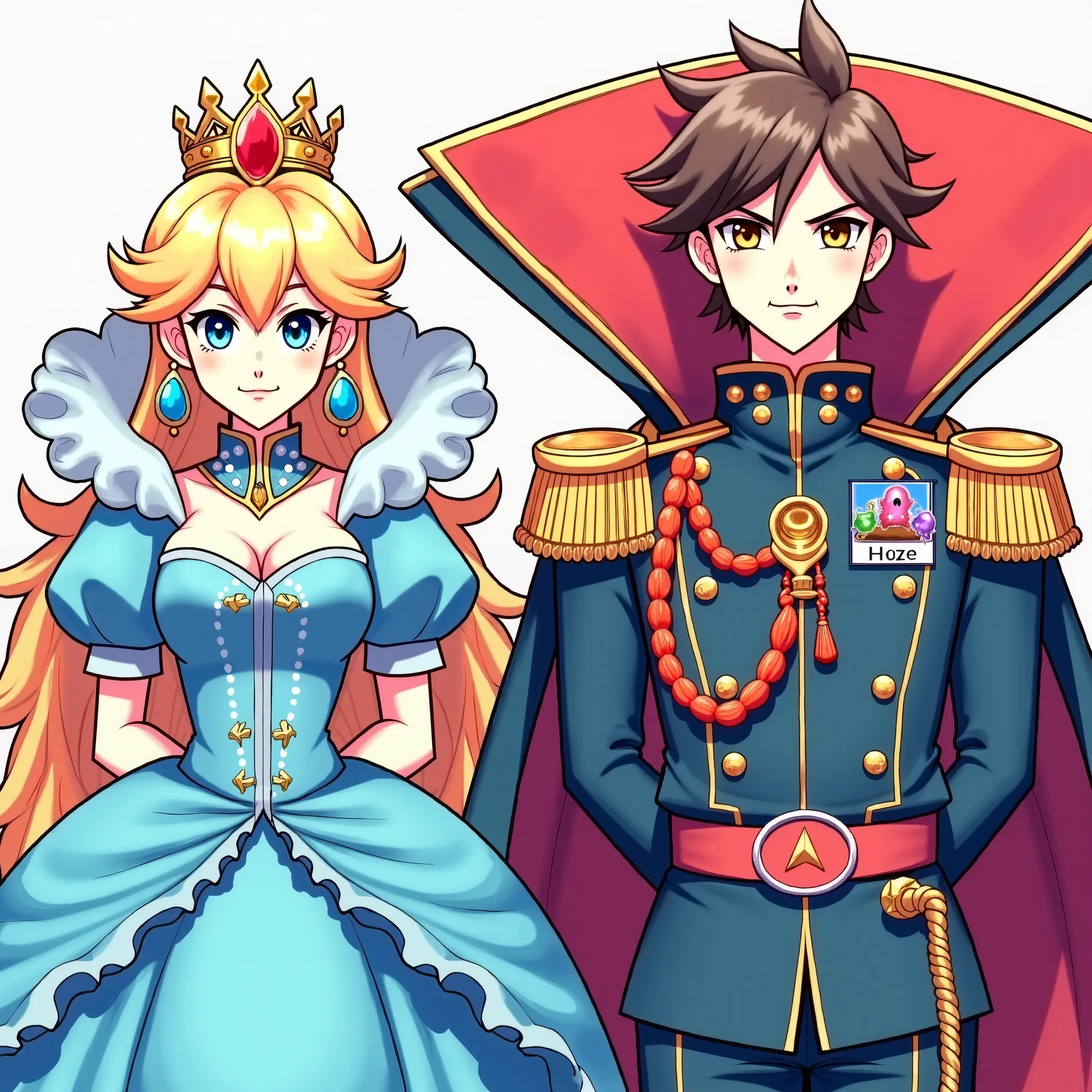 Anime, Mario Series Art Style, Princess wearing a Sky Blue Dress with a High Collar with her handsome Emperor wearing a Military Uniform with a Large Collar