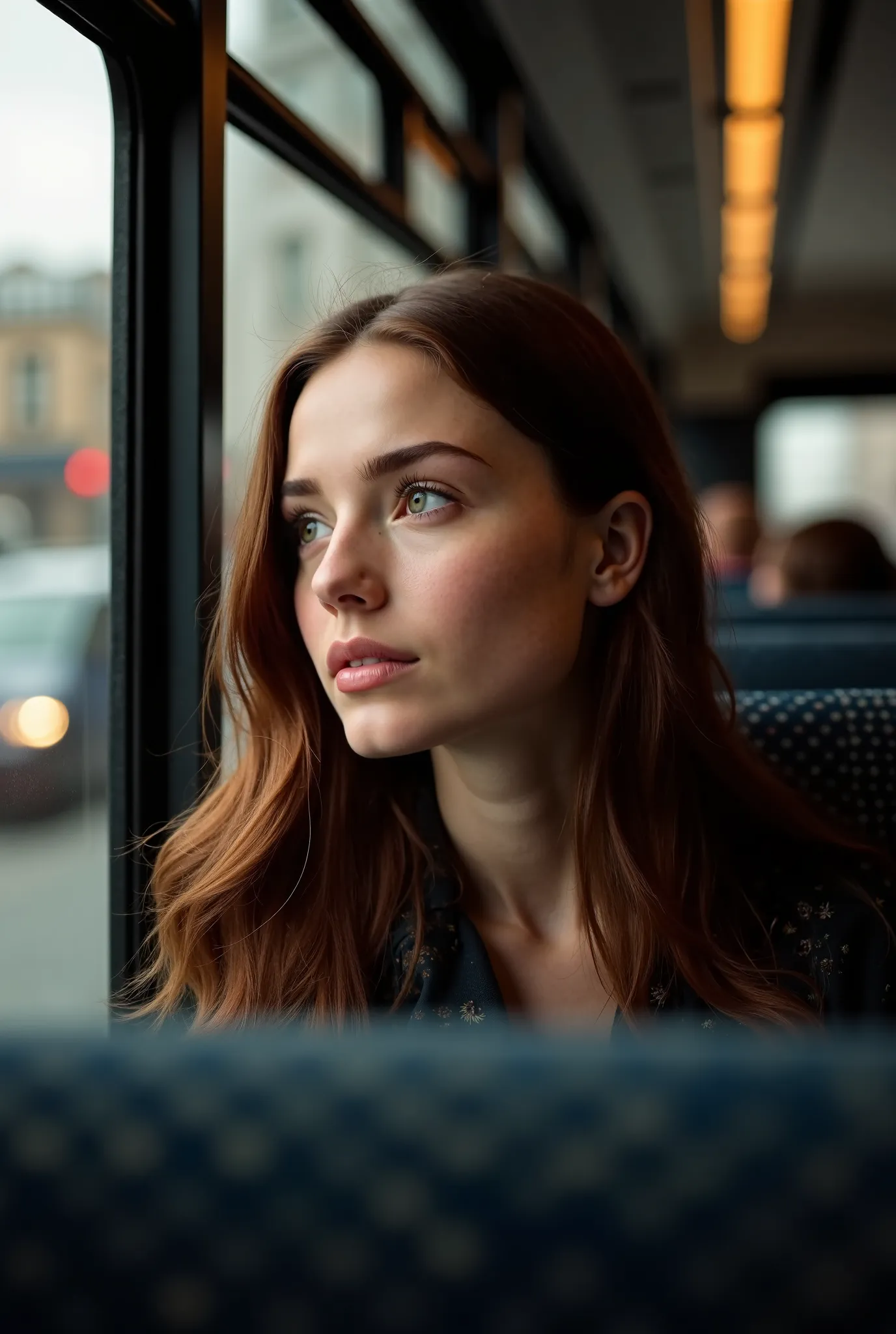 beautiful european girl  in the bus looking away of the window realistic 