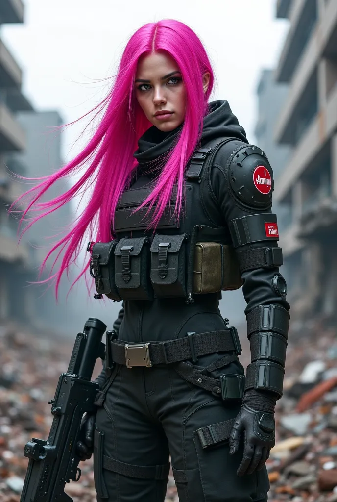 A warzone operator with long fuchsia pink hair 