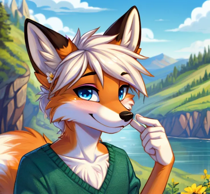 score_9, source_furry, furry, fox ears, fox tail, cute, grey slim feminine body, male, male, femboy makeup, fox, vixen, French style, French fox, orange and white fur, white hair, white muzzle, fox nose, black sexy cute eyes, very slender waist, large brea...