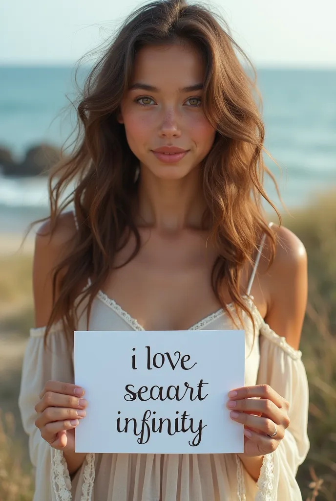 Beautiful girl with wavy long hair, bohemian dress, holding a white board with text "I Love Seaart Infinity" and showing it to the viewer