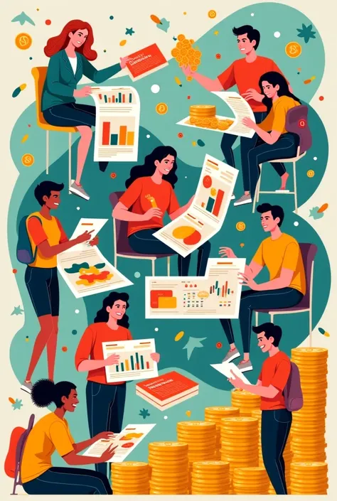 A vibrant, three-dimensional poster titled "Financial Ideas ren's Academy" depicting diverse ren joyfully engaged with financial materials: gold coins, colorful charts, playful money graphics, strategically arranged to create a dynamic, engaging compositio...