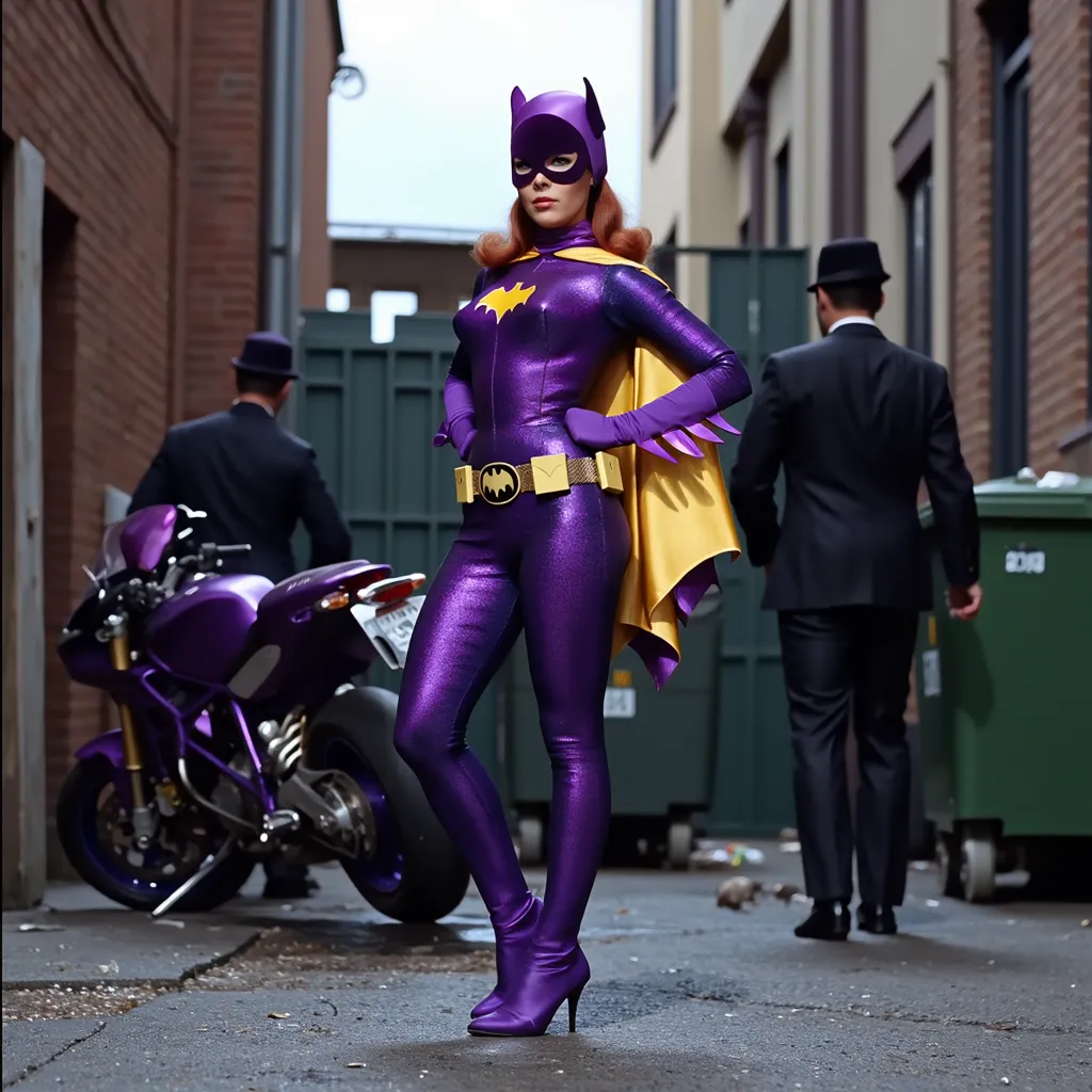 Masterpiece, Award Winning, High Quality, artgerm, solo, wearing retro Batgirl purple costume, big breast, retro red hair, looking at viewer, makeup, yellow Batgirl cape, b4tg1rl woman, posing sexy, Yvonne Craig, sexy hungarian model, purple ankle boots, s...