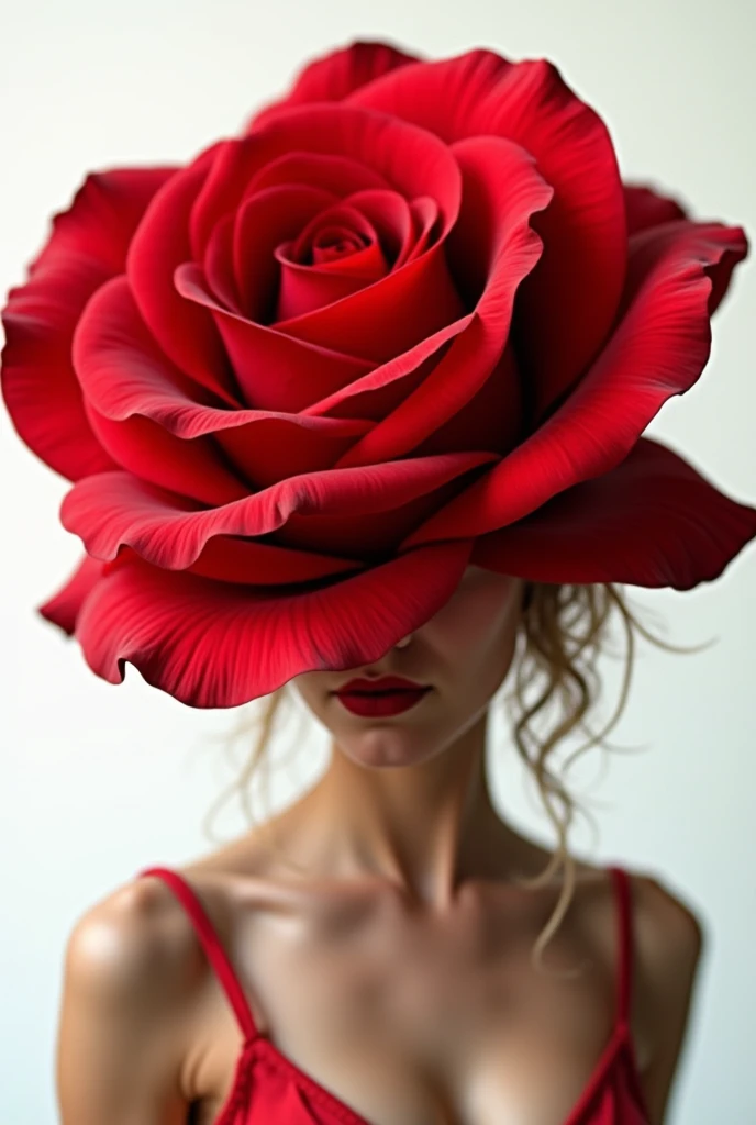 Red rose and the petals show a woman from the waist up with a white background