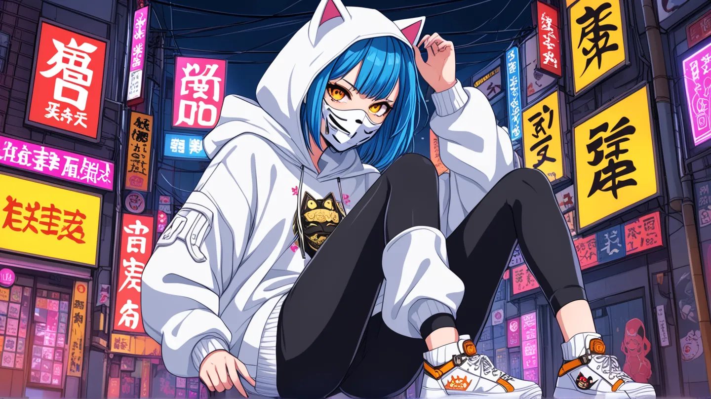 Hacker girl , punk blue bob hair, amber eyes, cat style mask, white sweater with hood and Japanese character print, leggings, sneakers, otaku and cyberpunk comnote background, neon, anime drawing