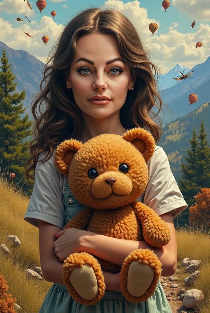 runs away from the mountain High quality,  8K Ultra HD, hyperdetailed photorealistic portrait. Girl, identical to the reference, With natural skin texture, with subtle hair details and soft lighting,. In her hands she holds a teddy bear, , but the whole sc...