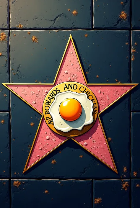 A star on the Hollywood Walk of Fame in which it says: Cowards and chickens, Inside the golden circle the logo of a fried egg