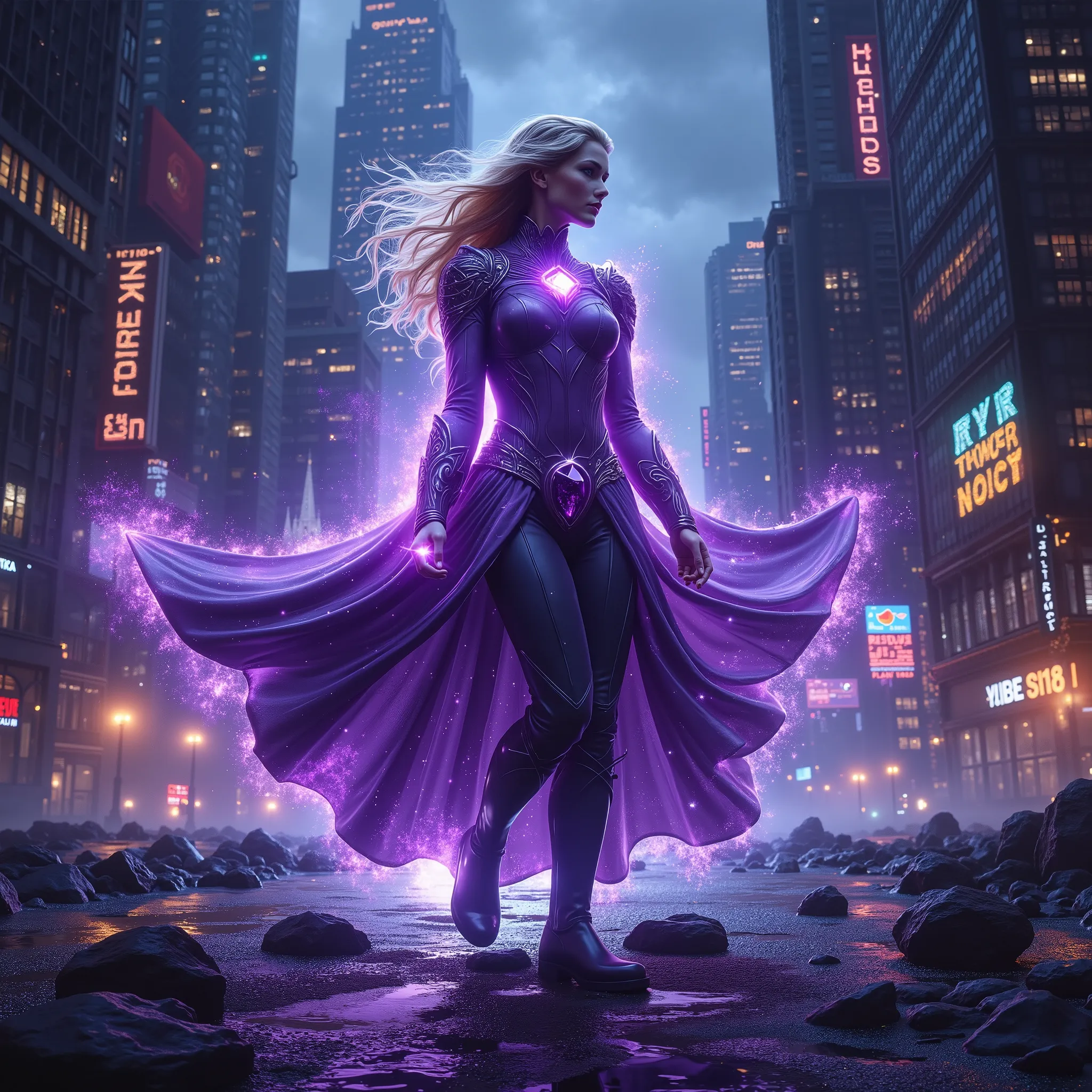 blonde alone, purple clothes, amethyst, DC, noble, Integrity, superheroine, full body, midnight, SF, Crime City panorama, auralora, DarkAtmosCE style