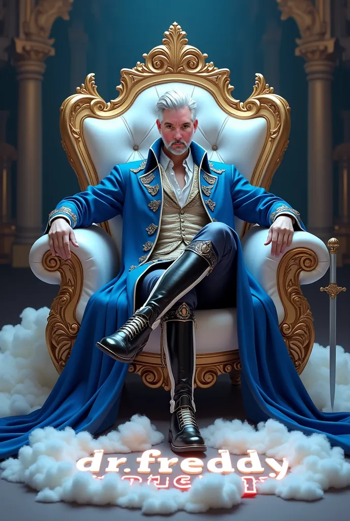 A manly man with white skin, , Short silver hair, well-groomed and brown eyes, dressed in a baroque white ivory and gold, Royal blue shirt, high black and white and gold boots, sitting on a white throne sofa with gold, with her leg crossed , lying next to ...