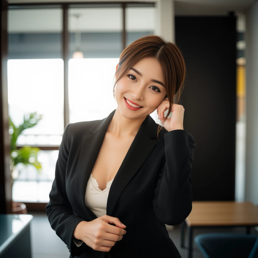 Nikon D850 with 50mm f/1.4G lens at f/2.8: [Japanese woman, 38 years old, wearing a sexy yet elegant office outfit, exuding charm and confidence as she smiles warmly in a modern office setting], [soft, natural light pouring in through a window, illuminatin...