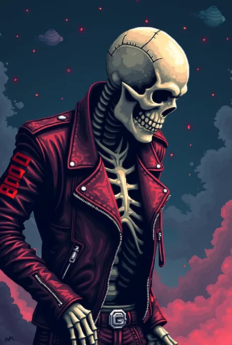 Make a 8 bit pixel image of a bald skeleton with a leather jacket with biker pants and he has “REDRUM” in red letters on his jacket and he’s in space fighting a Monster that’s  bigger then earth and he’s trying to eat earth but the Skelton is trying to sto...