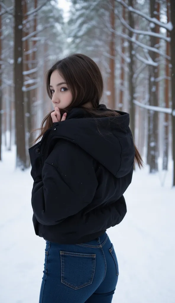 Sexy tall skinny girl, on top very short rough stiff thick little heavily puffy black jacket with collar, very short jacket,  winter puffy jacket, sexy ass in very dark blue high-rise wide jeans ,   standing in the winter forest , It&#39;s snowing , back v...