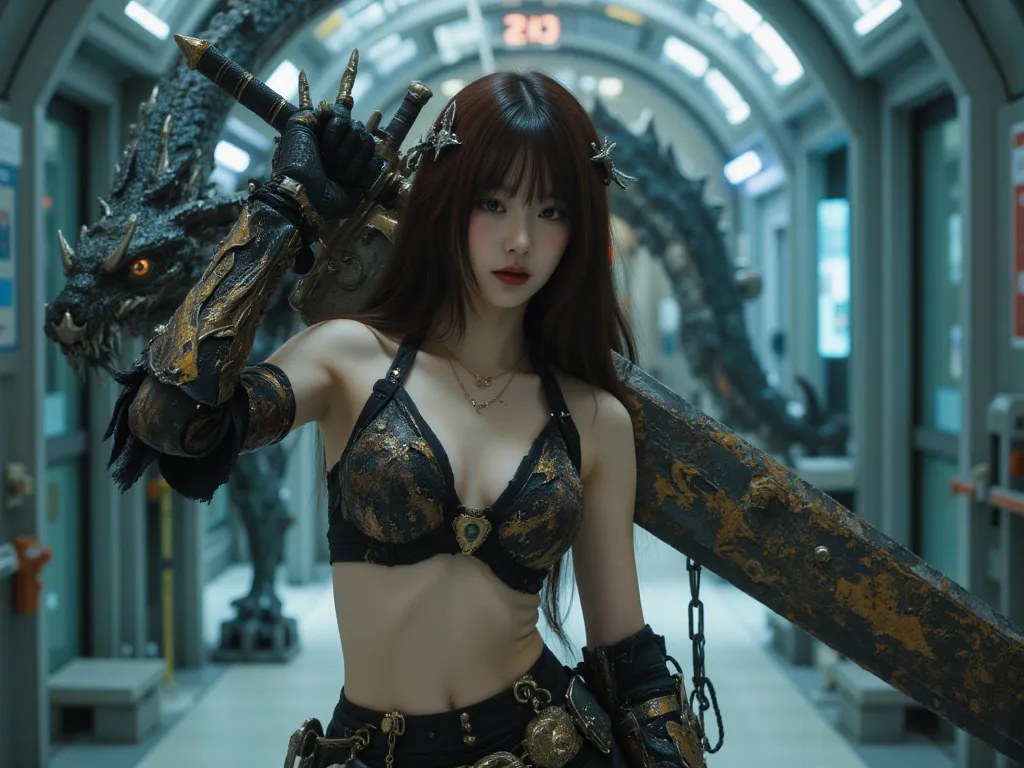 ((((looking at camera)))),(photorealistic, large-breast ),((white dragon:2.0)),a beautiful girl, ,she wearing side-tie_bikini, (large cleavage,Big tits), A fashion runway for alien technology ,Reveal full breasts,Big breasts, Cyberpunk fashion photography ...