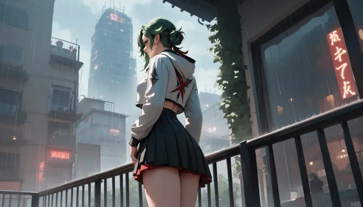 "A reflective woman standing on a glass balcony during twilight, wearing a lightweight skirt and a cropped hoodie. Her ombre green hair shimmers faintly under the dim, rainy sky. She gazes at the city below, where blurred neon lights and wet streets create...