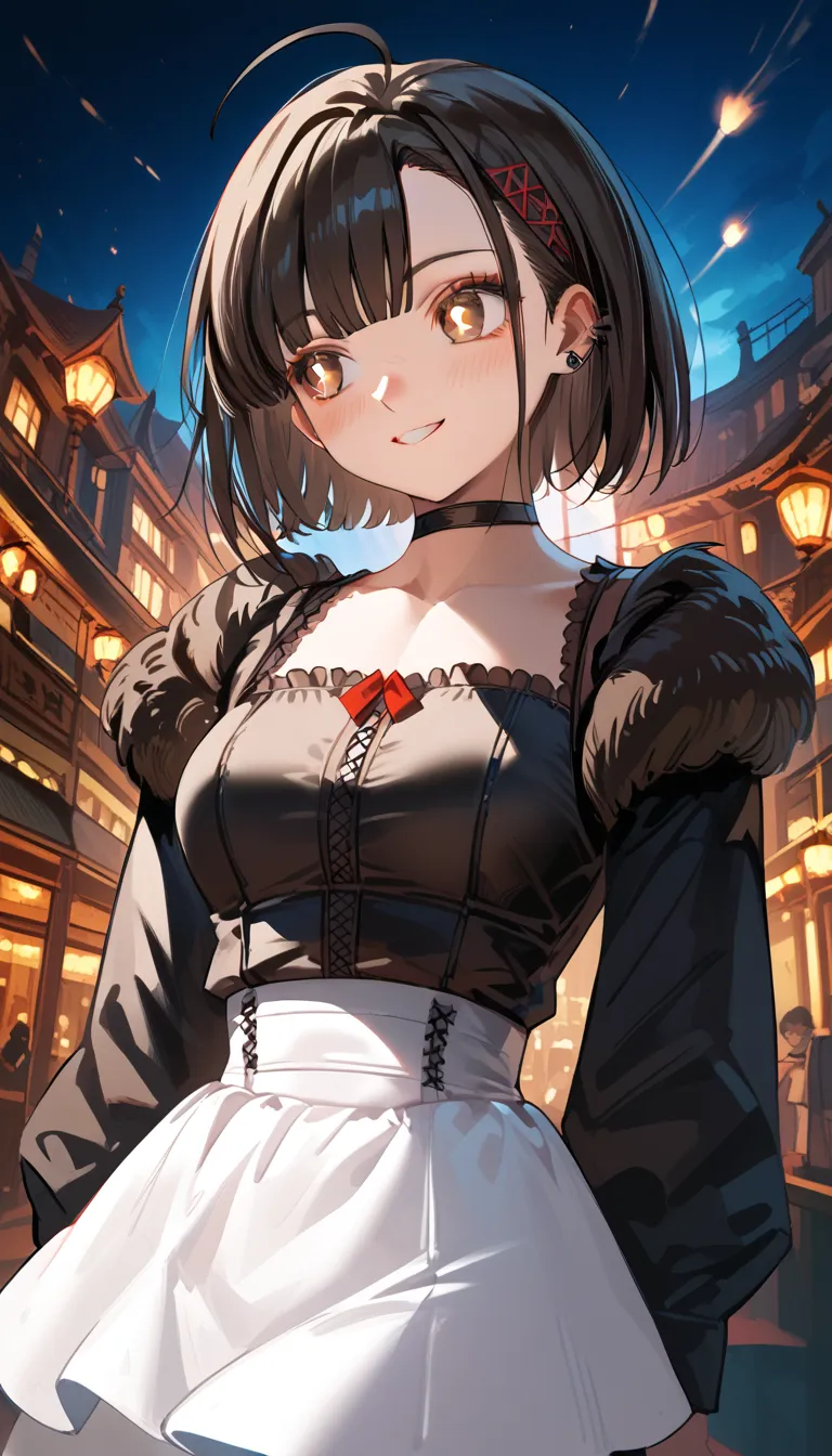 1 , Best Quality, [masterpiece], from the waist up, cabelo longo preto com fringe, black choker,  Marcille Donato , glowing eyes, brown eyes,  fringe , black hair, vampires,  soft smile, (White skirt, tight black long sleeve blouse) looking to the side, Bl...