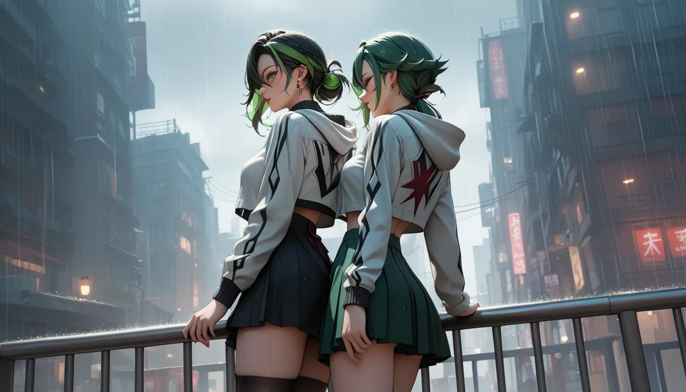 "A reflective woman standing on a glass balcony during twilight, wearing a lightweight skirt and a cropped hoodie. Her ombre green hair shimmers faintly under the dim, rainy sky. She gazes at the city below, where blurred neon lights and wet streets create...