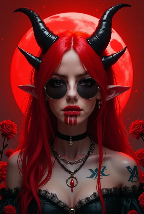 Red demon girl, vibrant red hair, horns, halo, round sunglasses, facial tattoos, teardrop tattoo, X tattoos on skin, choker, multiple necklaces, dark gothic aesthetic, intense red background, red flowers, detailed face, glossy lips, intense color scheme, d...