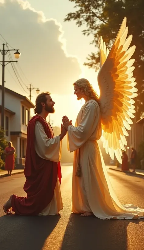 A man with features similar to traditional depictions of Jesus Christ is kneeling in the middle of a residential street. He wears a white robe with a red robe on top, he has wavy hair and a well-defined beard.  His hands are joined in a prayer position , a...