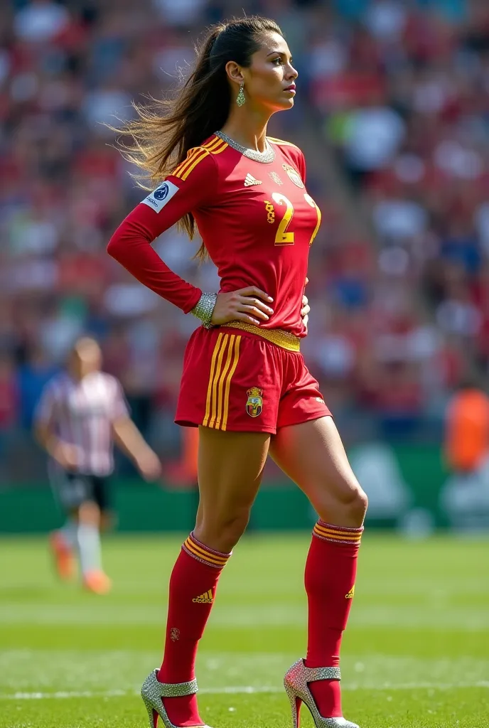 Imagine Cristiano Ronaldo, transformed into a woman with a bold and exaggerated 'piriguete' style. She’s wearing a parody of a soccer player's uniform, with an overly flashy, skimpy version — complete with high heels, a tight jersey, and shimmering accesso...