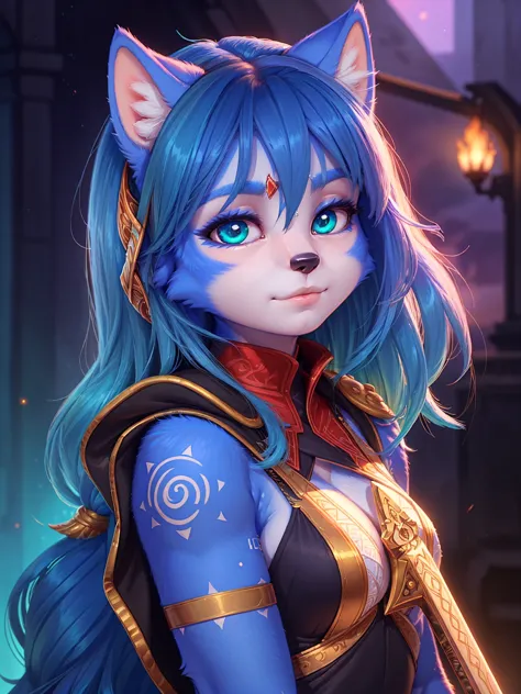 ((krystal)), Star Fox-Krystal, lovable,    green eyes, (((   Long blue hair 1  .3))),  cleavage, anthro, blurred,  detailed Fluffys fell,   detailed face , (Fluffy),     1 girl, ,woman, Goth,    green eyes, Undercut,  ultra-realistic 8k CG   ,    masterpie...