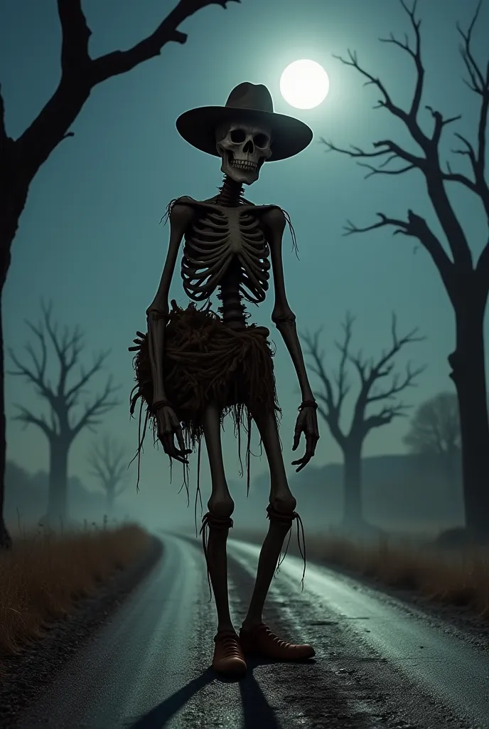 "A terrifying figure stands on a deserted rural road at night. It is El Silbón, an extremely thin, almost skeletal man dressed in tattered cowboy attire, covered in dust. His wide-brimmed hat casts a sinister shadow over his gaunt, hollow face, partially o...