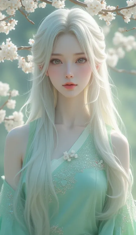 cool beauty, living expressions, cold gaze, shiny silky, platinum long hair, captivating eyes, hourglass figure, iridescent various effects, full details light green hanfu, high-neck lace, wide sleeves, cherry blossom Petals, delicate and dynamic textures,...