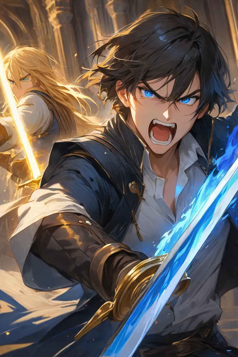 2man, sensitive, solo, Young man, landscape, illustration, handsome, middle part dark short haired, frowned blue eyes, glowing blue eyes, shouting, angry expression, fighting, holding a sword, Accurate hands, fantasy theme, white collared shirt, The settin...