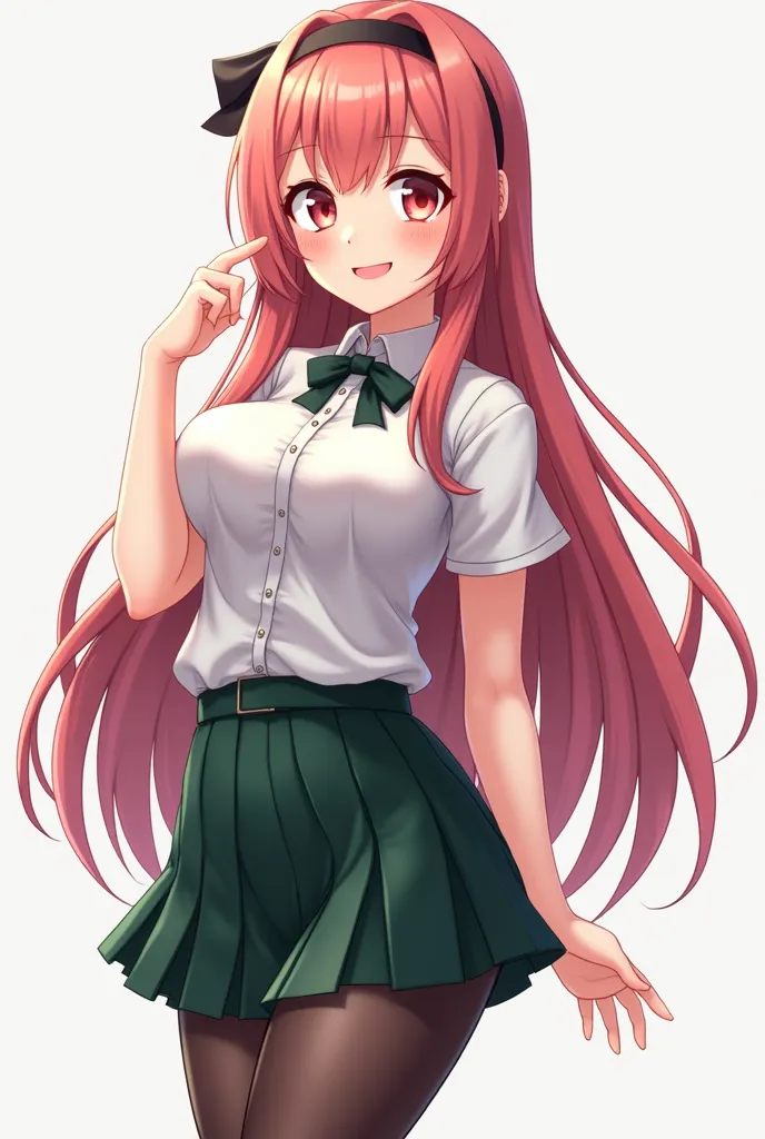 smiling anime girl with long but not very ashy hair with a headband, short dark green pleated skirt (not a pencil skirt ) with black stockings with a lift and full-length red eyes with large breasts, buttocks and thighs (for 3d model, please don't overdo i...