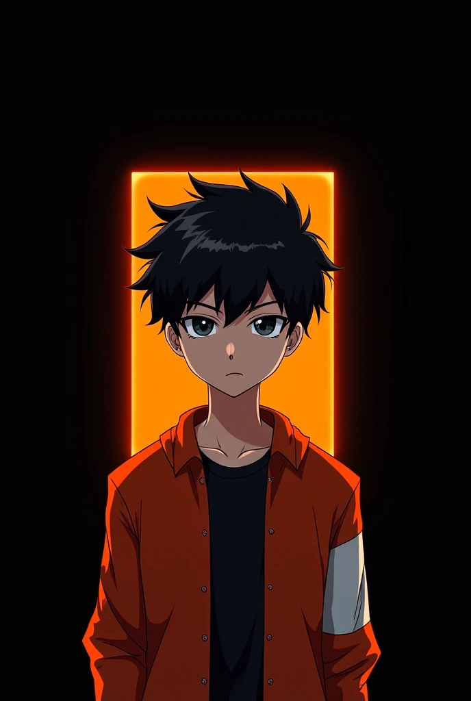 Profile picture of a square anime boy with orange lights, white accents, and a black background.