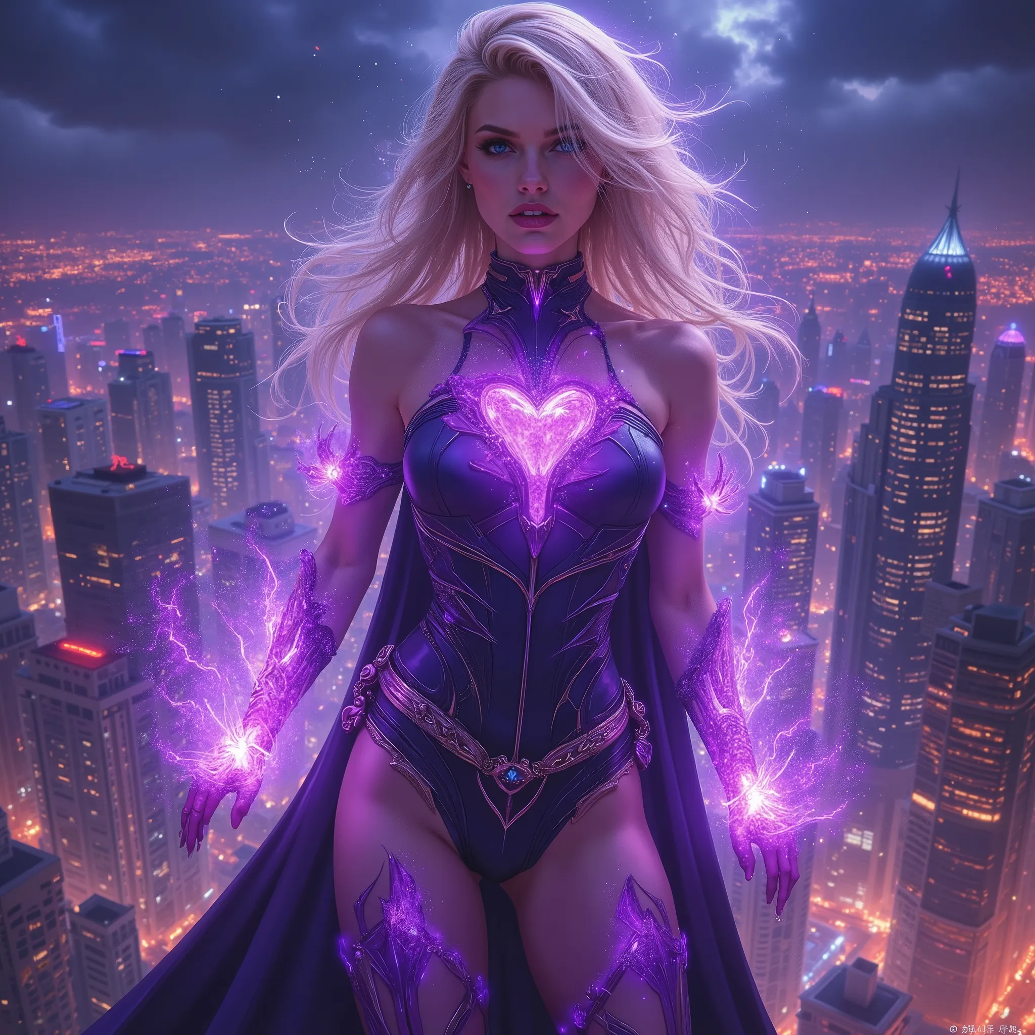 blonde alone, purple clothes, amethyst, DC, noble, Integrity, stunning superheroine, full body, midnight, SF, Crime City panorama, auralora, DarkAtmosCE style, Midjourney_Whisper, The composition blends modern and traditional elements with a neo mode, avan...