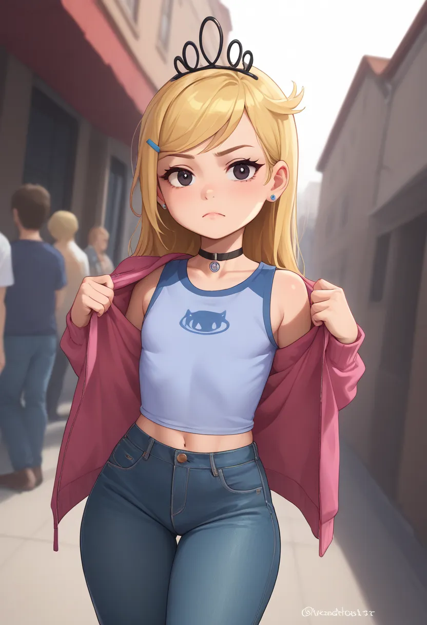 small breasts, skinny, huge hips, looking at viewer, 1o1a, blonde hair, tiara, Black eyes, earrings, necklace, choker. | trimmed jacket, tsirt. jeans, cowboy shot, dutch angle, public indecency, nonchalant, solo focus,
