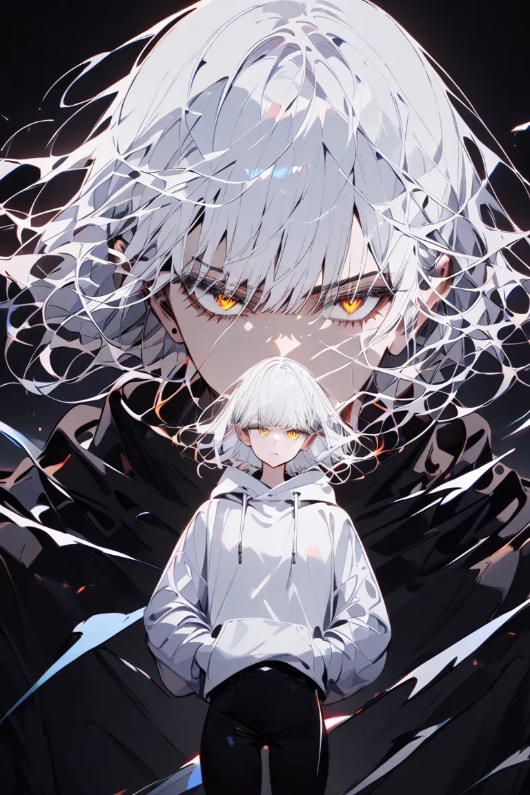 ANIME STYLE DRAWING, masterpiece, 1 boy, white hair, amber eyes, white sweatshirt, black pants, indifferent expression, everything is dark, light blue lights illuminate him