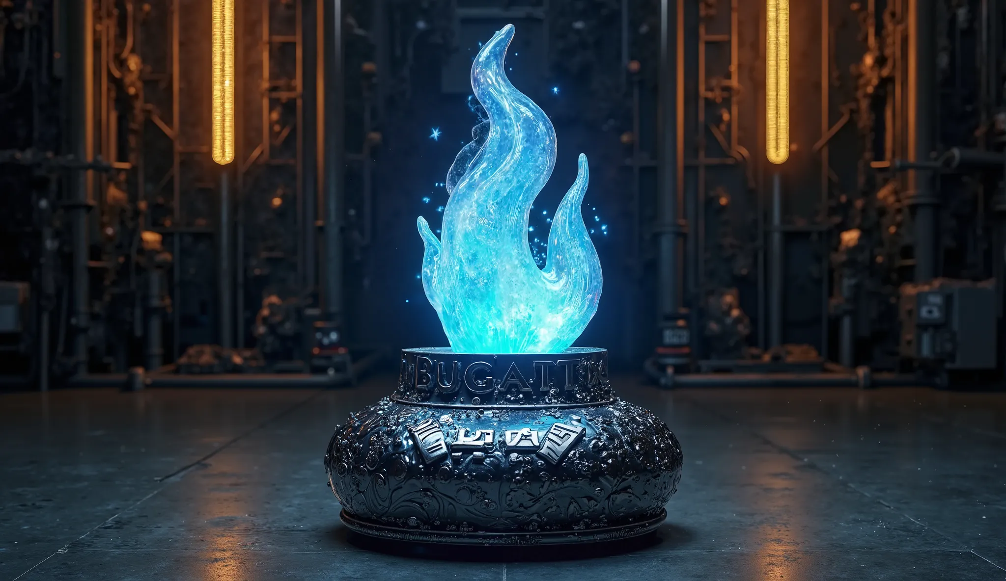 "A futuristic, artistic sculpture of a blue flame-like structure rising from a metallic base with intricate engravings. The sculpture appears to be made of translucent crystal or energy-like material, glowing with an ethereal blue hue. The base prominently...