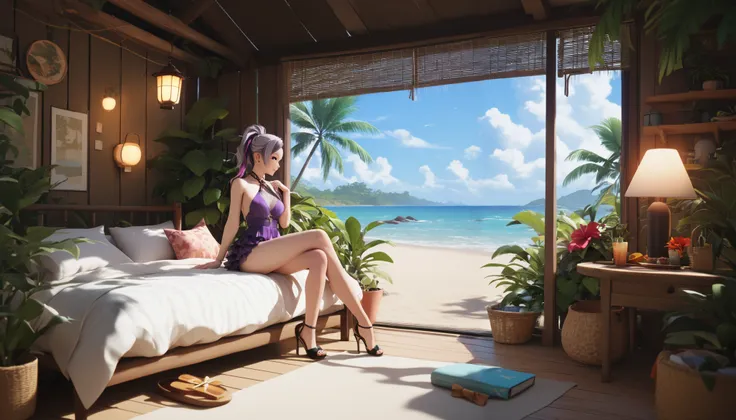 "A woman working on her laptop late at night in a tropical beach hut. She is wearing a breezy purple mini dress, with the sound of waves and lofi music blending together. The room is lit by a single lantern, and the open window reveals moonlit palm trees a...