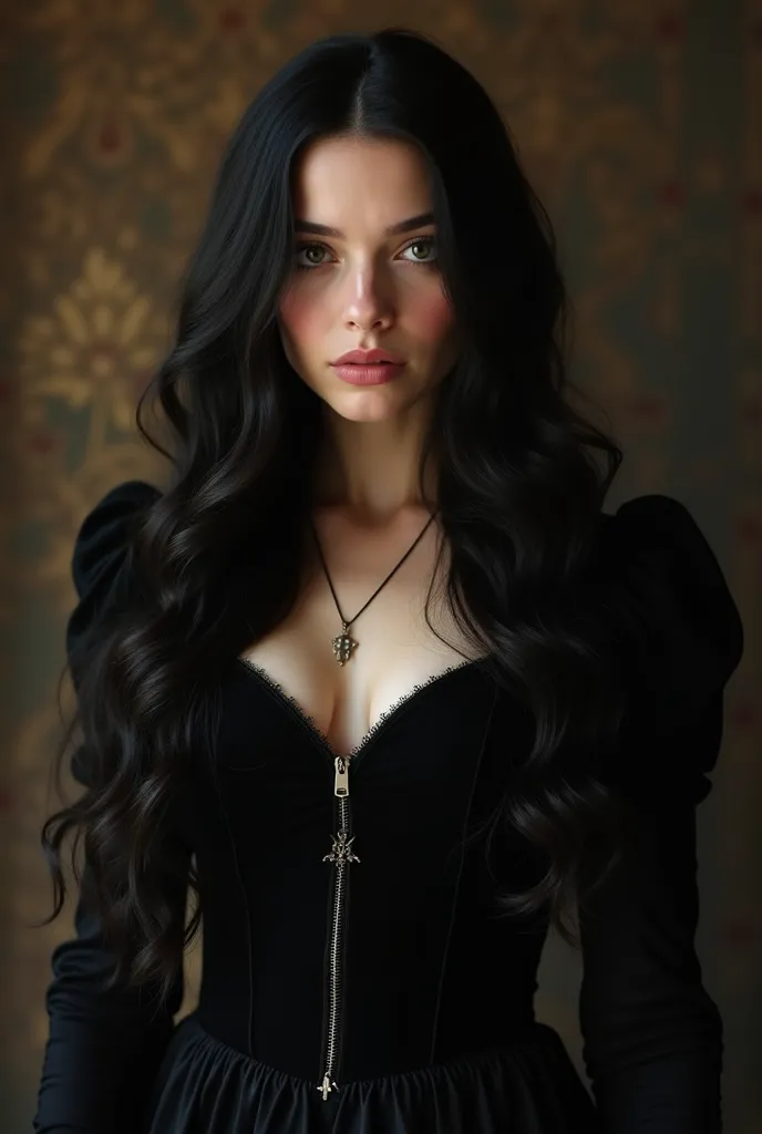 Young woman conjuring magic floating long black hair with thick waves hazel green eyes lightly flushed fair skin fleshy mouth delicate seductive look striking black dress medieval goddess style sexy robust body conjuring black and red magic princess of sha...