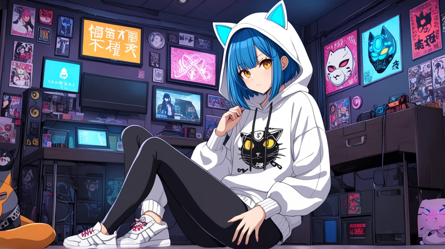 Hacker girl , punk blue bob hair, amber eyes, cat style mask, white sweater with hood and Japanese character print, leggings, sneakers, otaku and anime and cyberpunk room background, neon, anime drawing