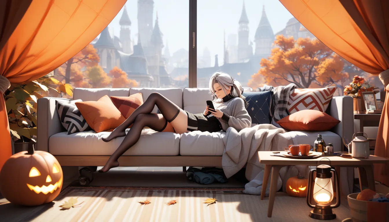 "A girl sits comfortably on an inflatable sofa at a nighttime campsite, wrapped in a warm blanket and using her phone. A glowing orange tent and a projector screen displaying a movie create a cozy yet modern vibe, with autumn leaves blanketing the ground a...