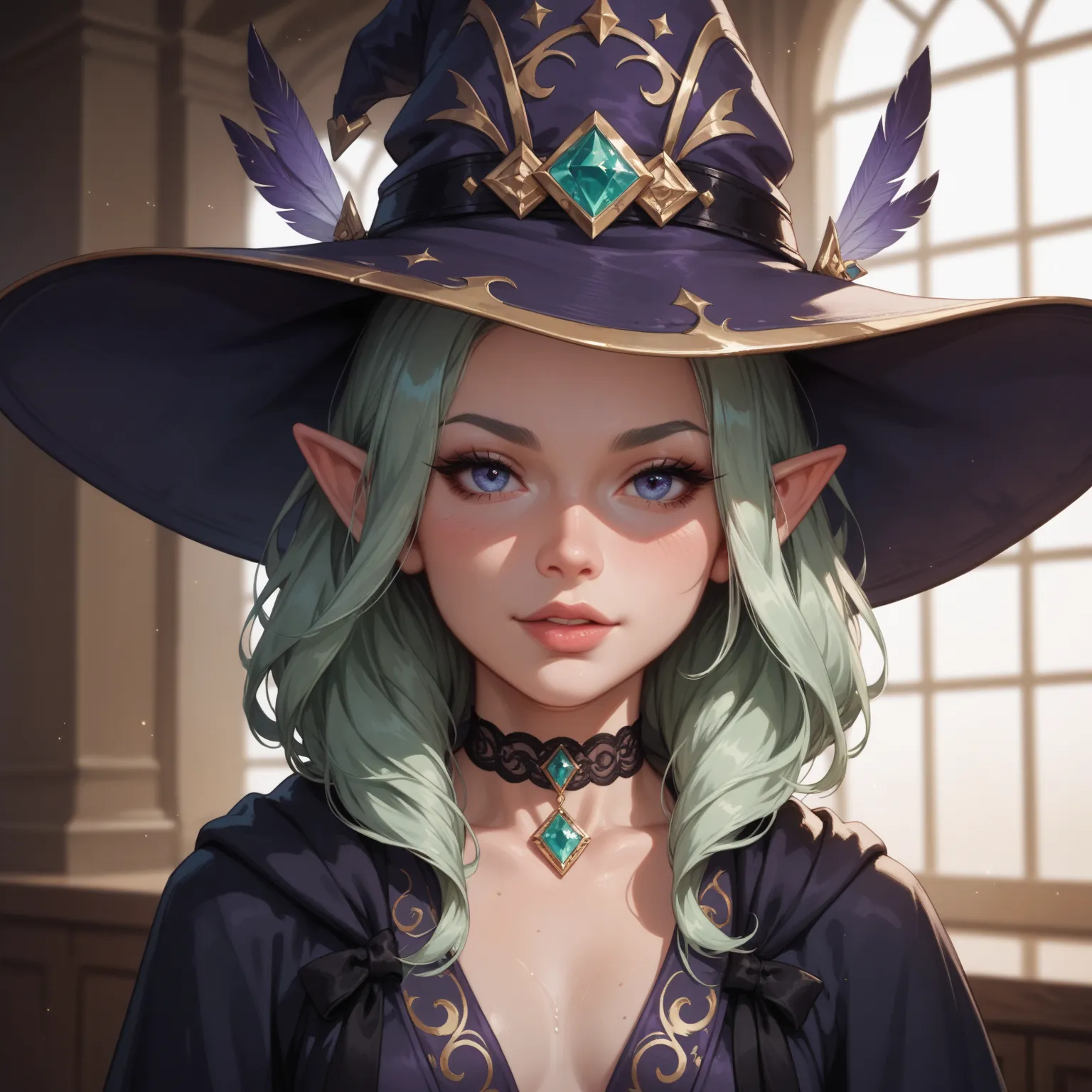 a portrait of an adolescent girl with light green hair, she has elven ears, wears a black mage robe with silver embroideries, she wears a purple hat adorned with feathers around the rim, around her neck is a black choker with 3 gems on it and also a heart ...