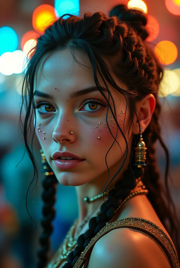 A woman wearing glasses, brown eyes, braided hair, white with penetrating eyes, piercing her mouth and left nose, dot of light with a blue macaw costume on a carnival block, woman aged 18.