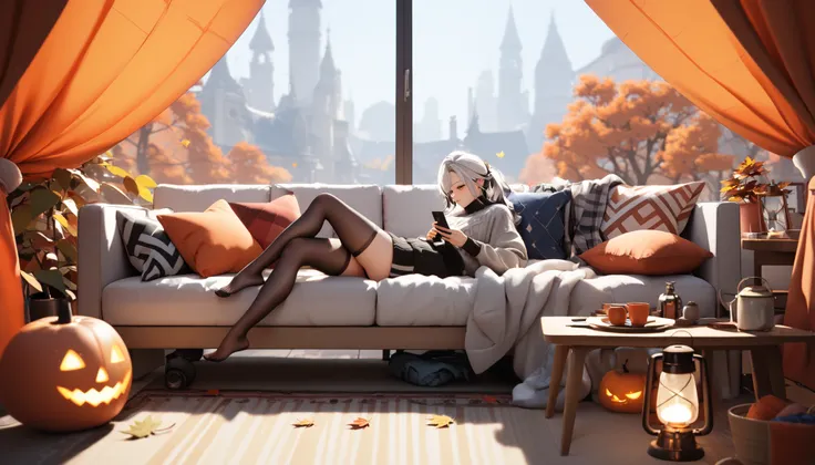 "A girl sits comfortably on an inflatable sofa at a nighttime campsite, wrapped in a warm blanket and using her phone. A glowing orange tent and a projector screen displaying a movie create a cozy yet modern vibe, with autumn leaves blanketing the ground a...